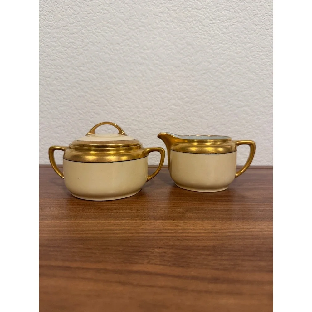 VTG 1940s Germany F.D. Husf Cream Gold Gilding Trim Sugar Bowl Lid & Creamer Set